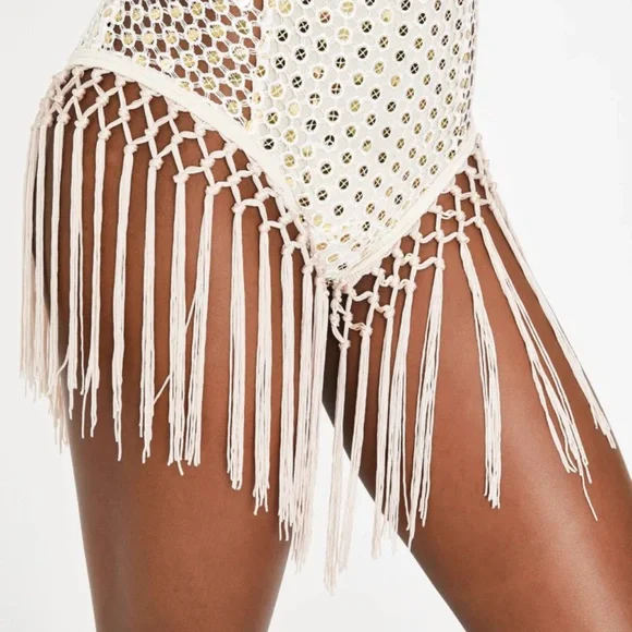 Cream Crochet Coverup with Bohemian Tassels - Picture 2 of 4